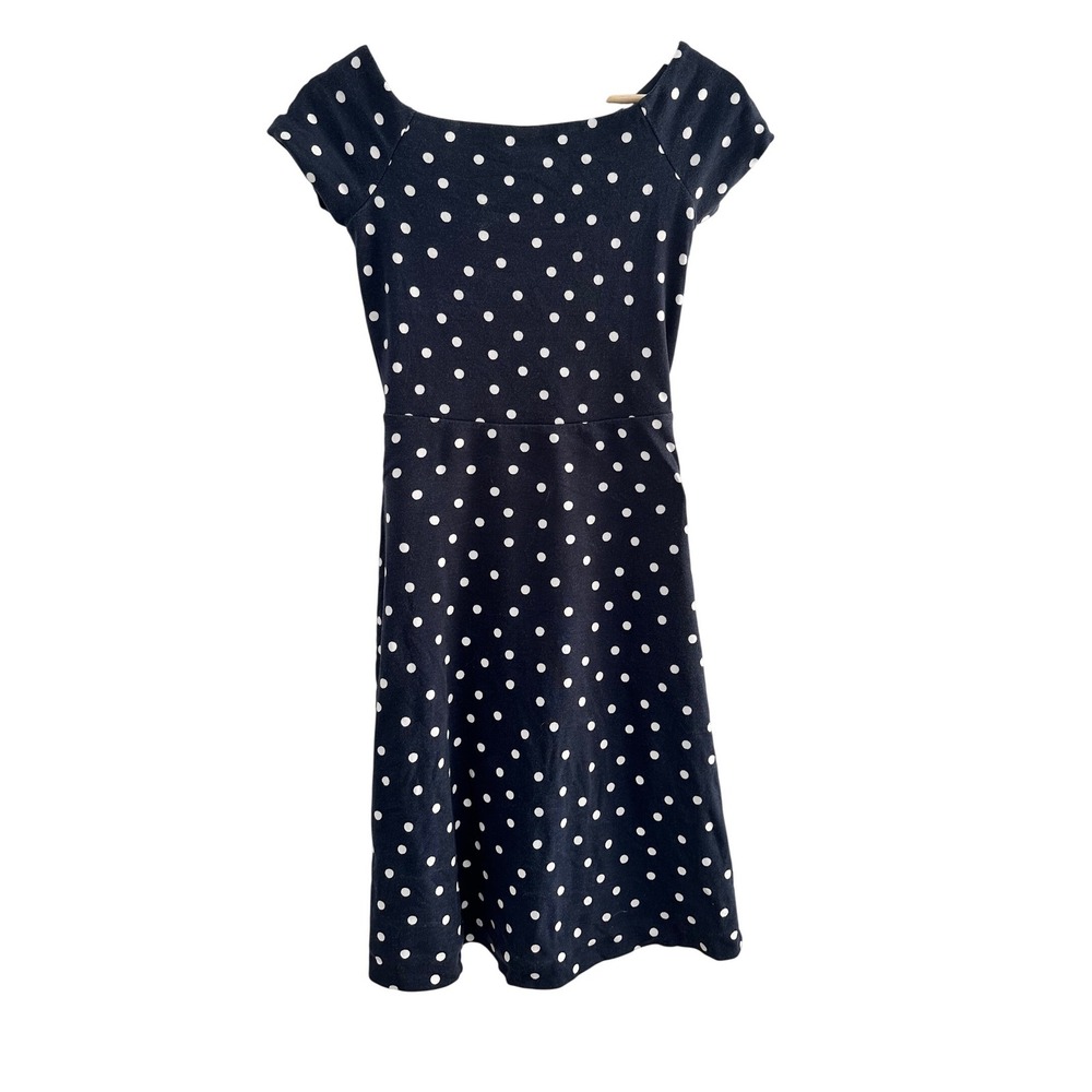 Boden Navy Blue White Polka Dot Jersey Dress Short Sleeve Boat Neck US 2R